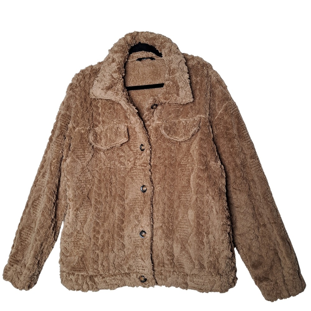 Dokotoo Fleece Jacket Womens Large Brown Faux Fur Shacket Button Up Cozy Warm - Picture 2 of 13